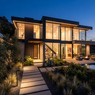 Contemporary house facade with pool