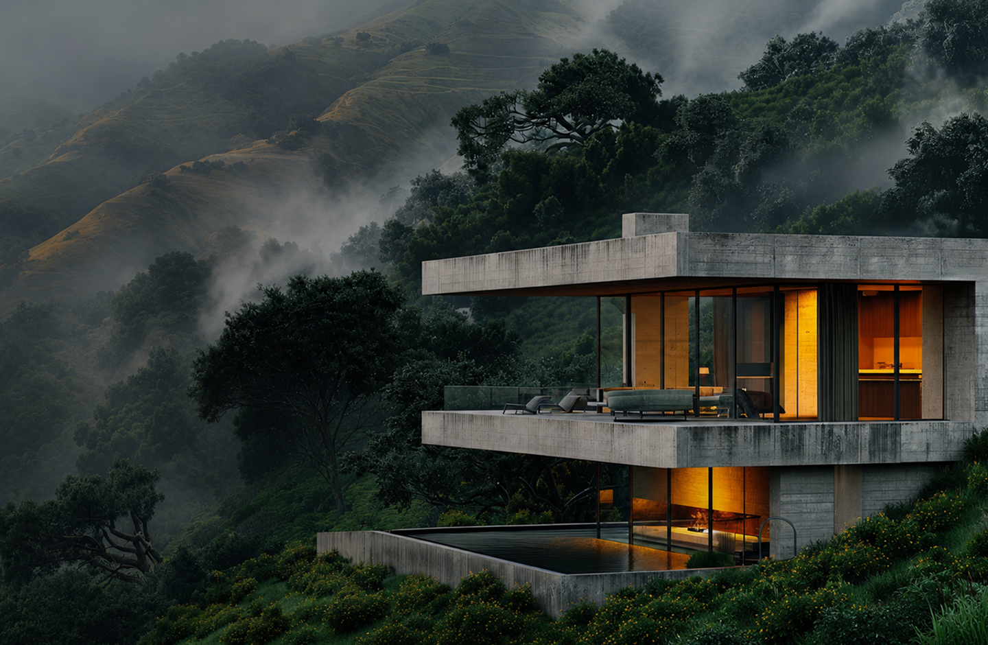 Modern luxury house exterior at dusk